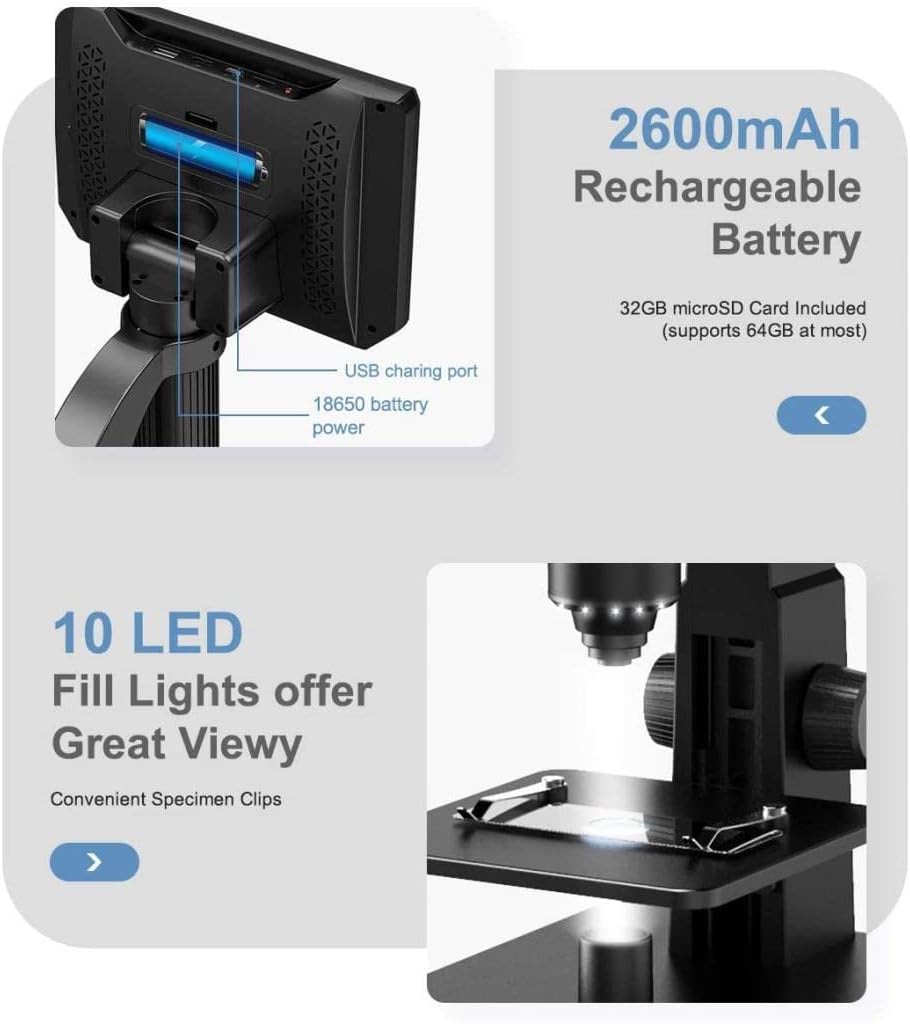 TOMLOV DM11 LCD Digital Microscope with 2000X Dual Lens(Digital & Microbial Lens), 7'' IPS Display�O10 LEDs�O12MP Resolution�OWindows/Mac OS Compatible, SD Card Included