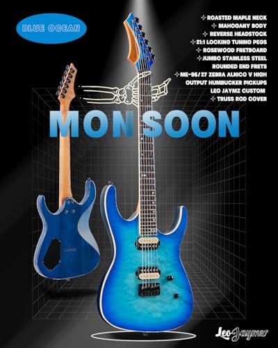 Leo Jaymz Electric Guitar Monsoon Series,Reverse Headstock,Mahogany Body,Roasted Maple Neck,Rosewood Fretboard,Locking Tuners,Rounded End Frets,AlnicoV Pickups,Fixed Bridge (Blue Flame)