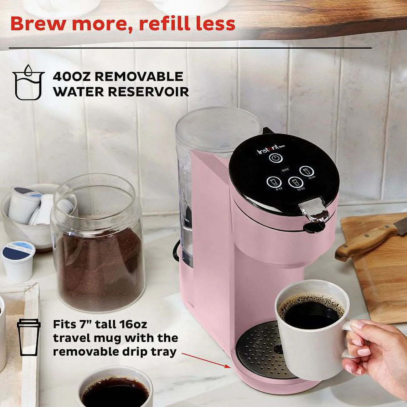 Instant Solo 2-in-1 Single Serve Coffee Maker for Ground Coffee or K-Cup Pods with 3 Brew Sizes, Maroon Red