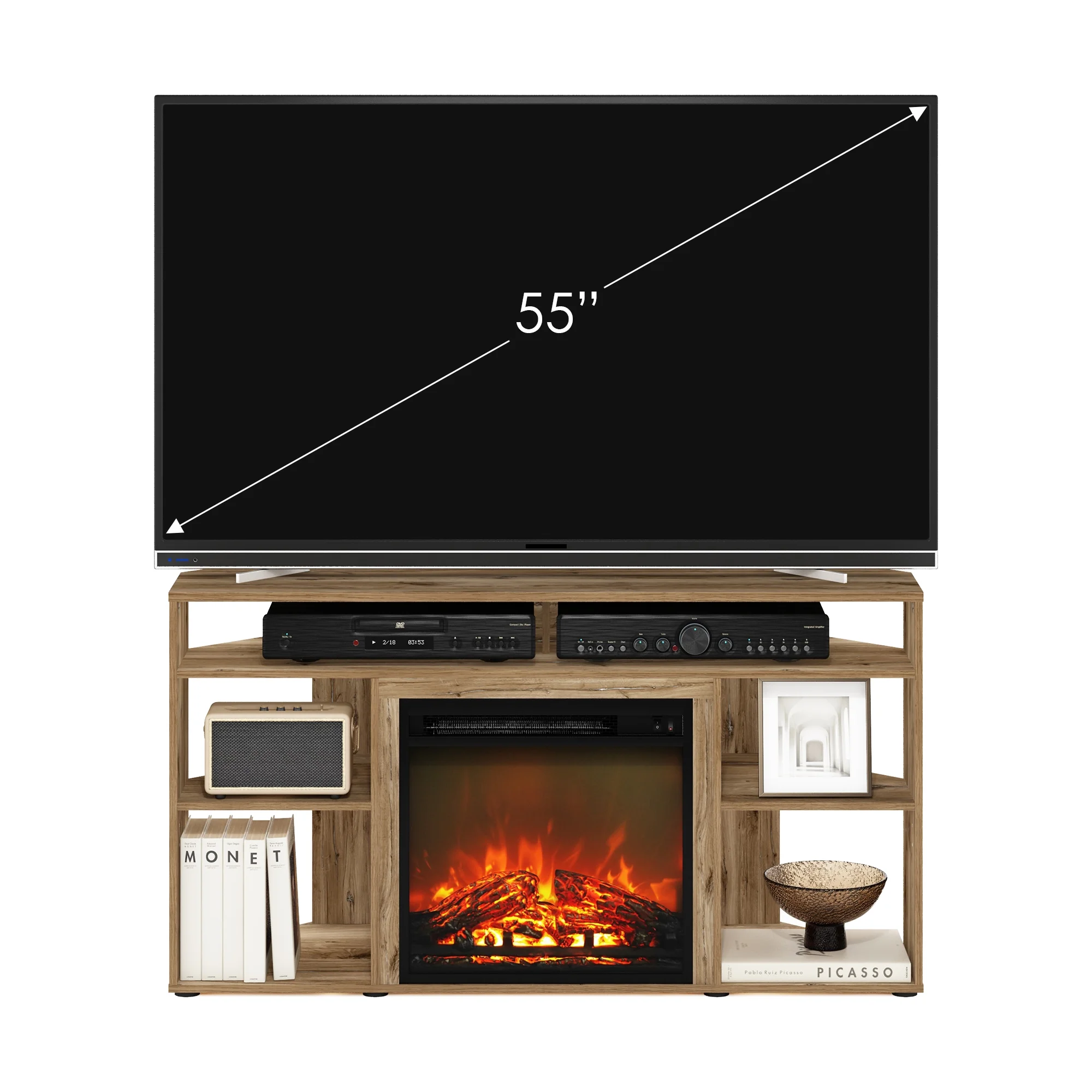 Furinno Jensen Corner TV Stand with Fireplace for TV up to 55 Inches, Flagstaff Oak