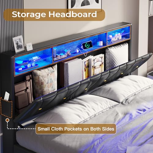 Full Size Bed Frame with Headboard Storage & LED Lights, Platform Bed Frame Full Size with Charging Station, Velvet Upholstered Bed with Shelf Headboard, No Box Spring Needed, Creamy White