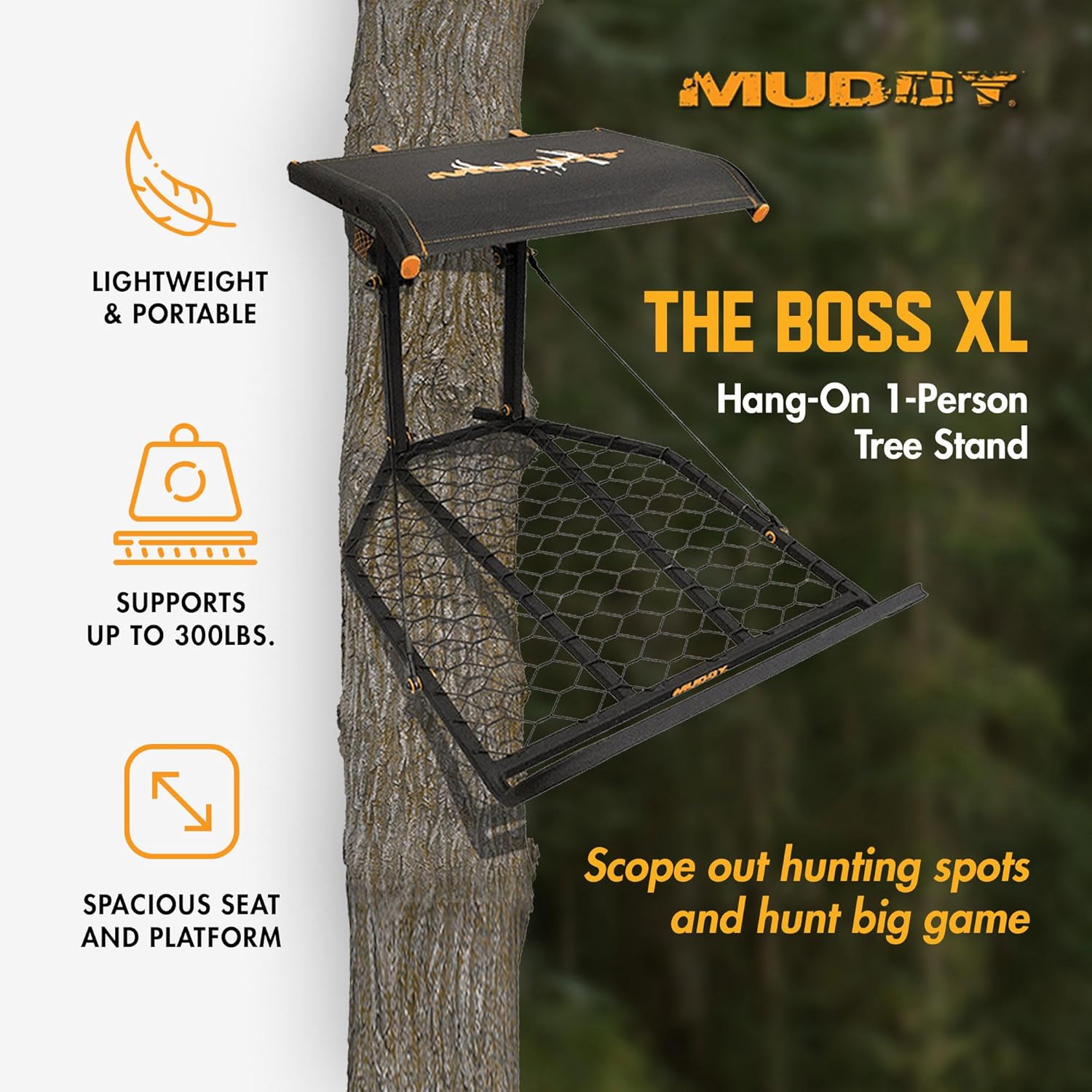 Muddy The Boss XL Wide Stance Hang On 1 Person Hunting Tree Stand Platform with Silent Straps, FlexTek Seating, and Extra Wide Platform (2 Pack)