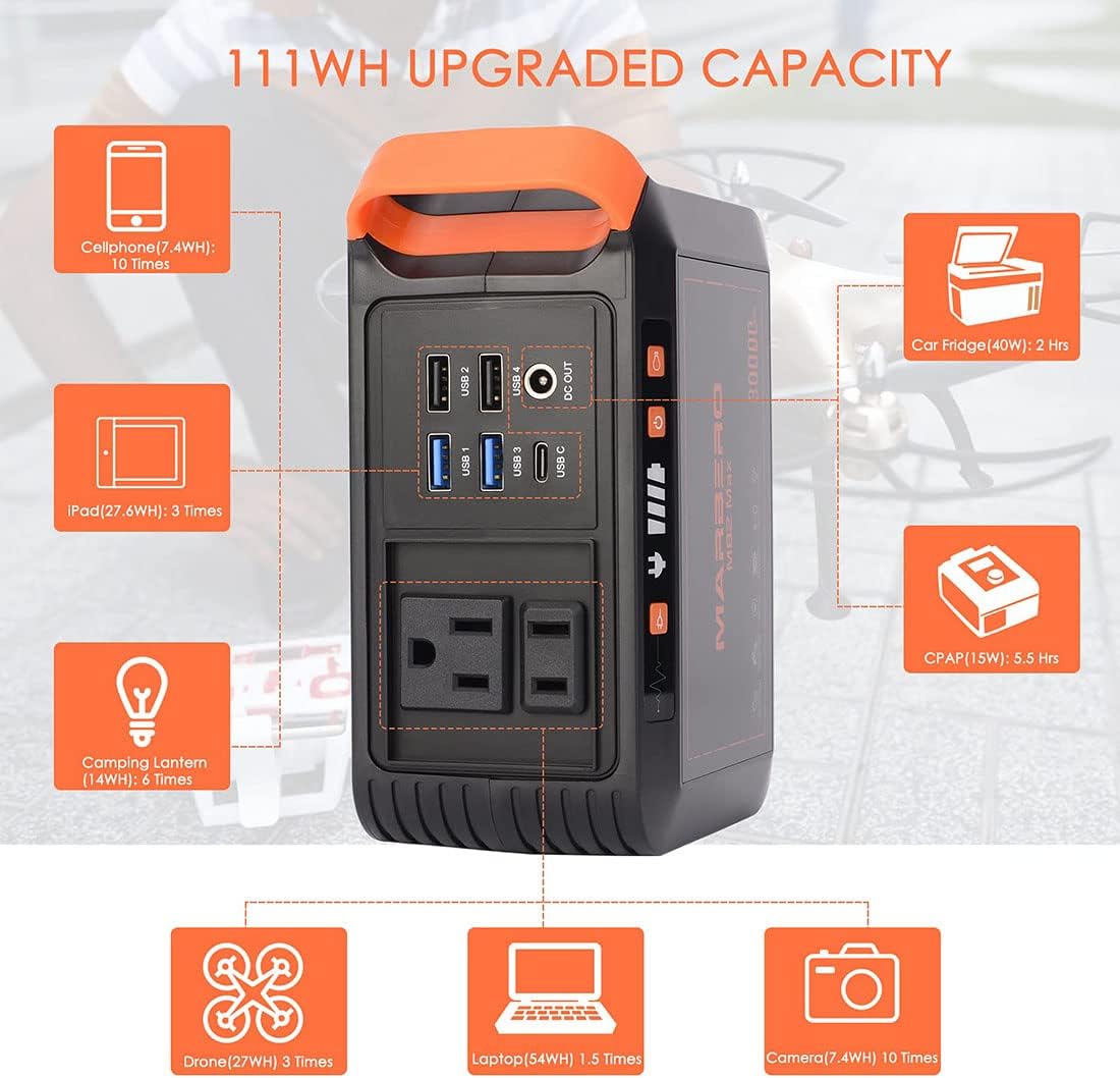 MARBERO 111Wh Portable Power Station 30000mAh Solar Generator(Solar Panel Not Included) Lithium Battery Supply 110V/80W AC, DC, USB QC3.0, USB C, LED Flashlight for CPAP House Office Camping Emergency