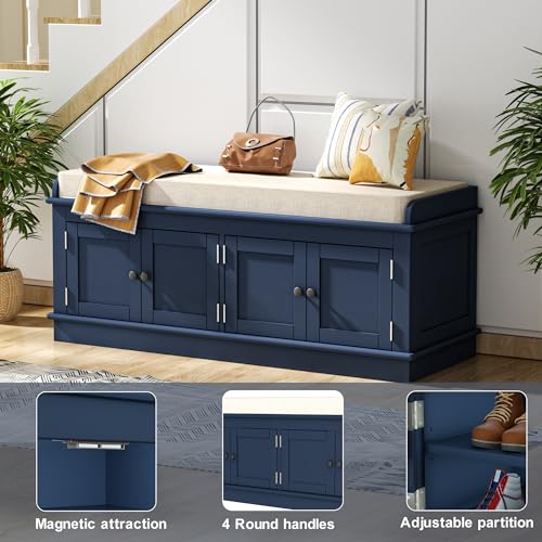 Storage Drawers and 2 Cabinets, Shoe Bench w/Removable Cushion & Seating for Entryway Living Room Hallway Bedroom, 43.7", White1