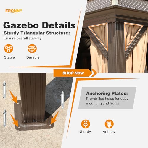 EROMMY 14'x20' Hardtop Gazebo Double Roof Galvanized Steel Canopy Outdoor Aluminum Frame Permanent Metal Pavilion with Netting and Curtains for Patio Backyard Deck and Lawns