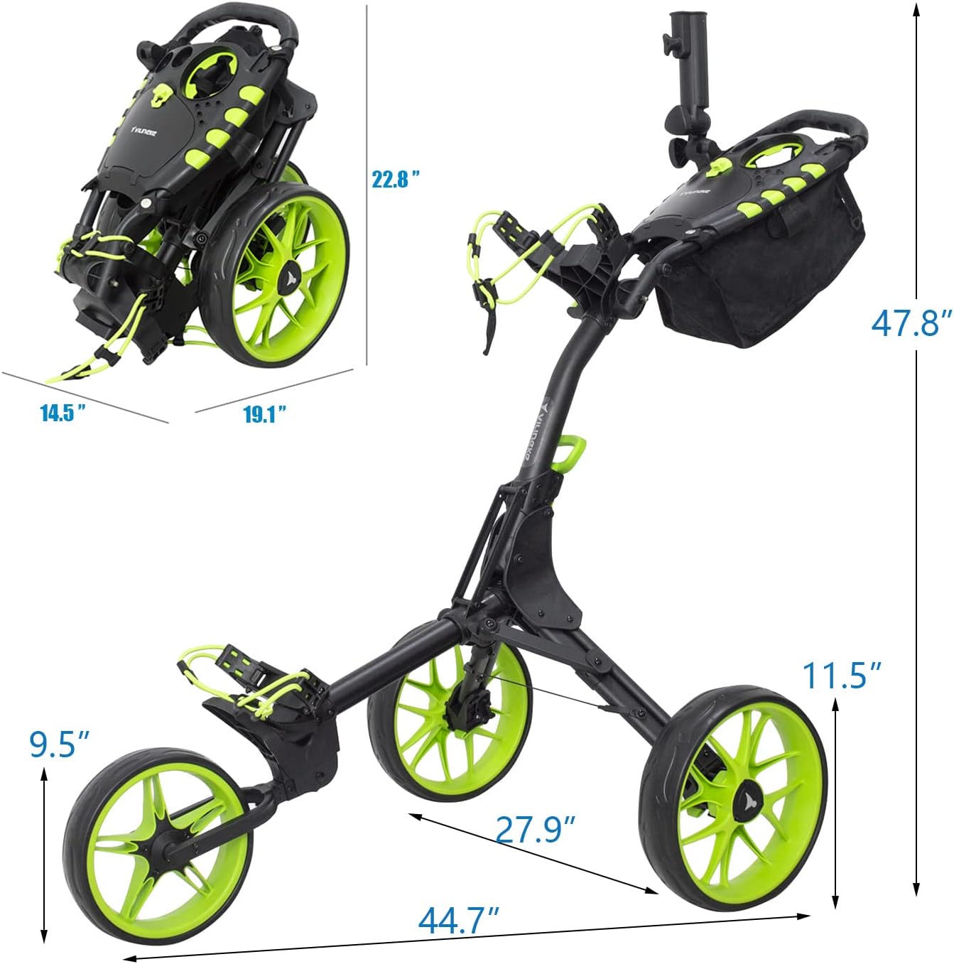 NC Compact Folding 3 Wheel Colf Push Cart Trolley with Foot Brake,Free Umbrella Holder, Scoreboard Bag (Green)
