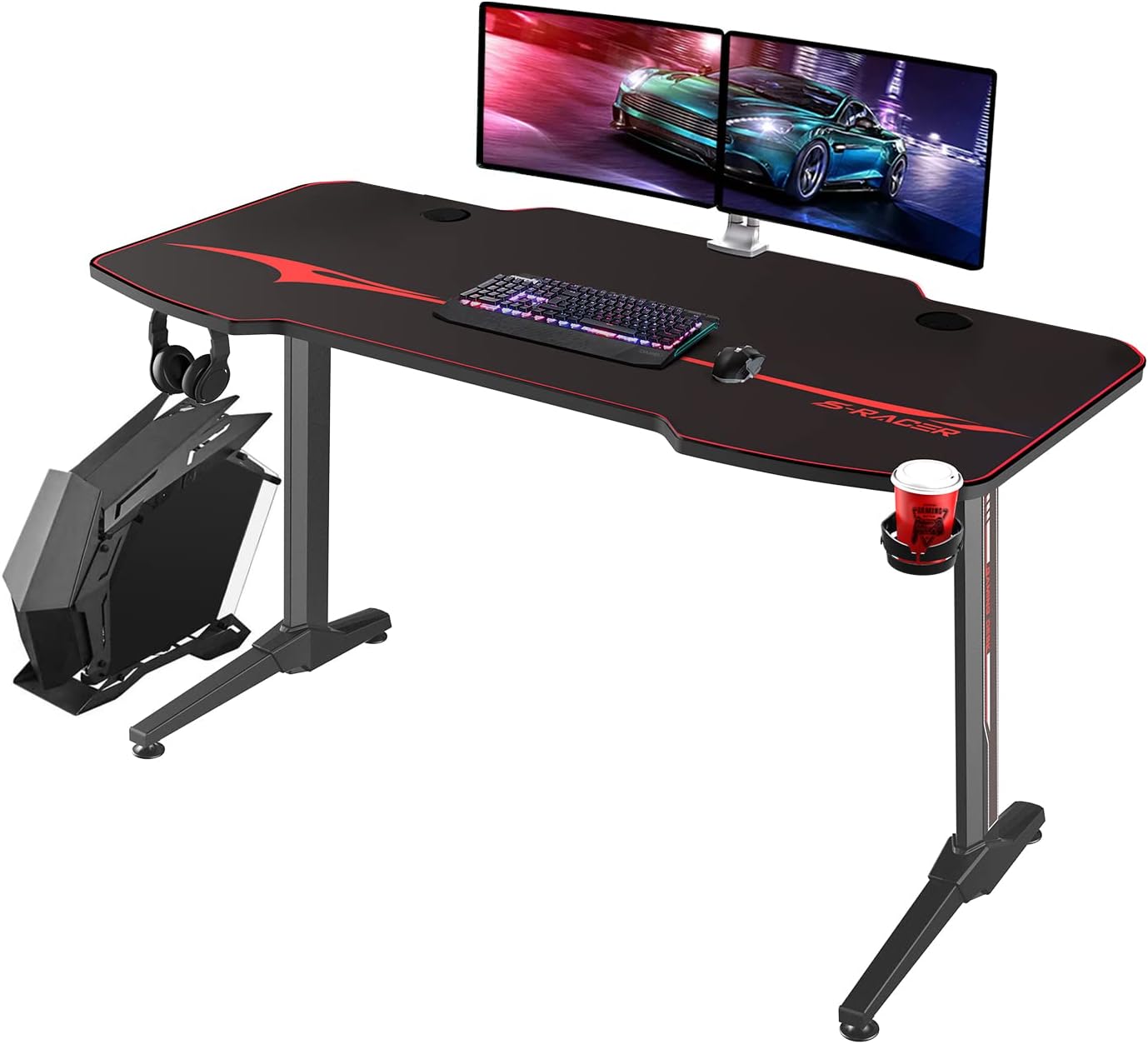 Homall Gaming Desk 55 Inch Computer Desk Racing Style Office Table Gamer Pc Workstation T Shaped Game Station with Free Mouse Pad, Gaming Handle Rack, Cup Holder and Headphone Hook (55 Inch, Black)