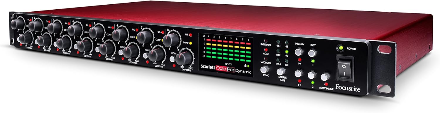 Focusrite Scarlett OctoPre Dynamic 8-Channel Mic Pre Expansion with Analog Compression, 8 In/8 Out, Red
