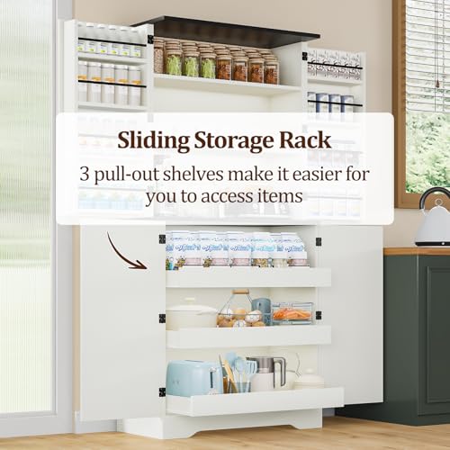 72" Kitchen Pantry Storage Cabinet, Farmhouse Pantry Cabinet with 8 Hanging Rack Shelves & 3 Pull-Out Racks, Pantry Storage Cabinet, Freestanding Cupboard for Kitchen, Dining Room, White