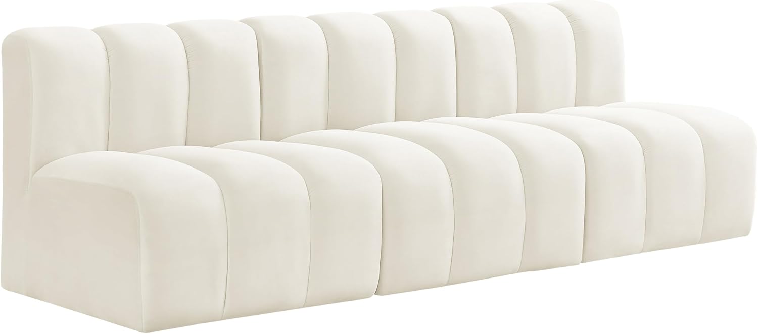 Meridian Furniture Arc Collection Modern | Contemporary Sofa with Soft Velvet, Deep Channel Tufting, Modular Design, 89.5 W x 31 D x 30 H, Cream