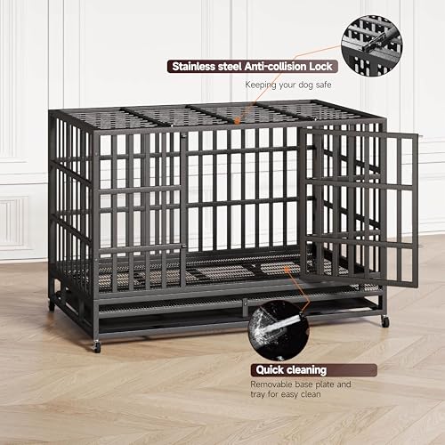 48/42 Inch Heavy Duty Indestructible Dog Crate Steel Escape Proof, Indoor Double Door High Anxiety Cage, Kennel with Wheels, Removable Tray, Extra Large XL XXL