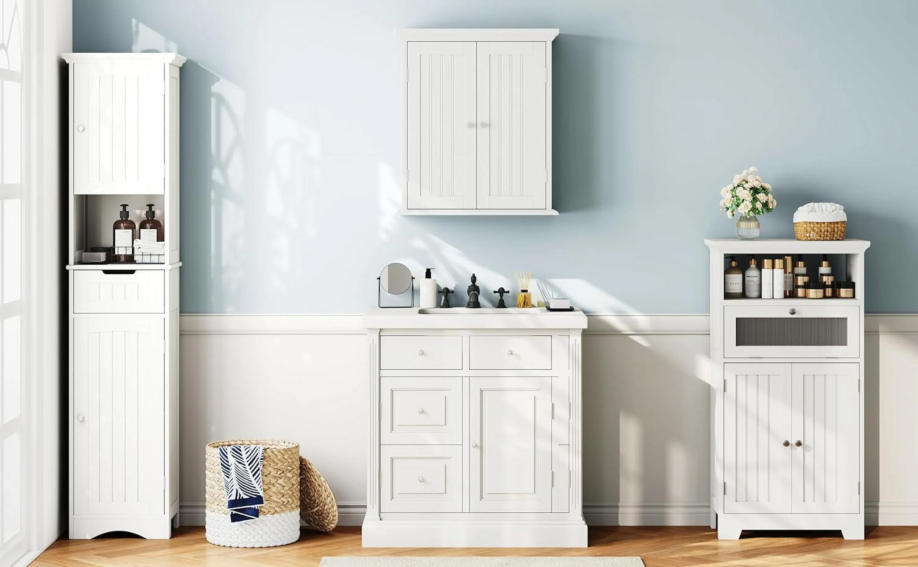 FJU 67" Tall Bathroom Storage Cabinet Freestanding with Adjustable Shelves, Narrow Storage Linen Cabinet with 2 Doors and 1 Drawers for Bathroom, Living Room, Kitchen, White.