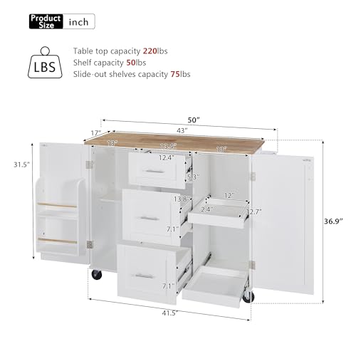 Rolling Kitchen Island With Seating,Rolling Island For Kitchen Island With Storage And Drop Leaf,Kitchen Trolley With Rubber Wood Top, 3 Drawers, 2 Slide-Out Shelves And Storage Shelves. (Grey blue)