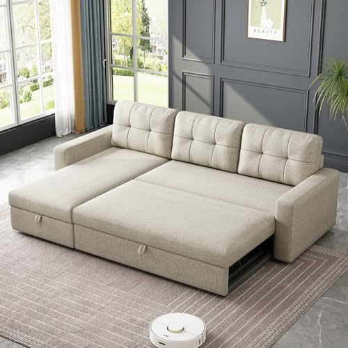 81.5'' L-Shape Sleeper Sectional Sofa with Storage Chaise and Pull-Out Bed, Living Room Convertible Couch Bed,W/ 3 Back Cushions & Breathable fabric,for Apartment,Office,(Beige)
