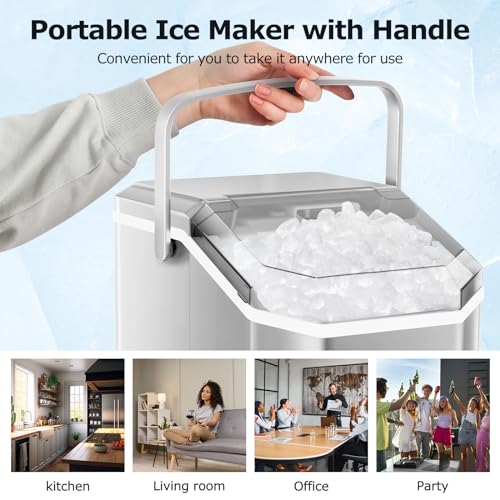 ZAFRO Nugget Ice Maker Countertop with Handle, Pellet Ice Machine with Self-Cleaning, 35Lbs/24Hrs, Chewable Ice Cubes, Nugget Ice Maker with Ice Basket/Ice Scoop for Home/Office/Bar/Party