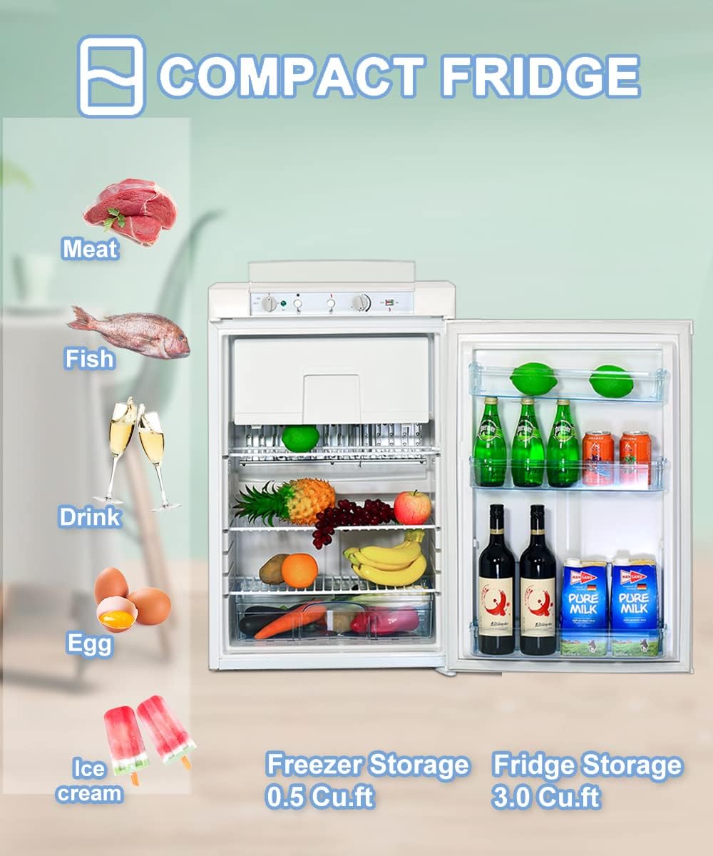 3.5 Cu.Ft RV Propane Refrigerator with Freezer, 3 Way Fridge with Reversible Door, AC/DC/GAS Refrigerator for Camper, Cabin, Semi Truck, Van, Quiet, White