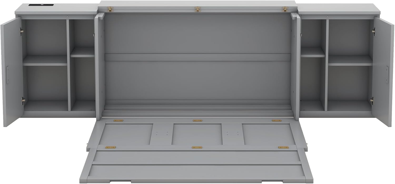 Queen Size Murphy Bed with Shelves, Cabinets and USB Ports, Can Change Into Cabinet, Save Space Design, for Bedroom, Apartments (Gray/Queen Size Murphy Bed-00B)