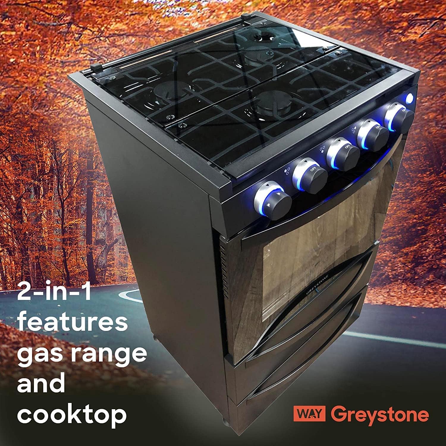 Way Interglobal Greystone, 12 Volt RV Gas Range and Cooktop, Stove and Oven Combo, 21 Inch, LP Gas, Black