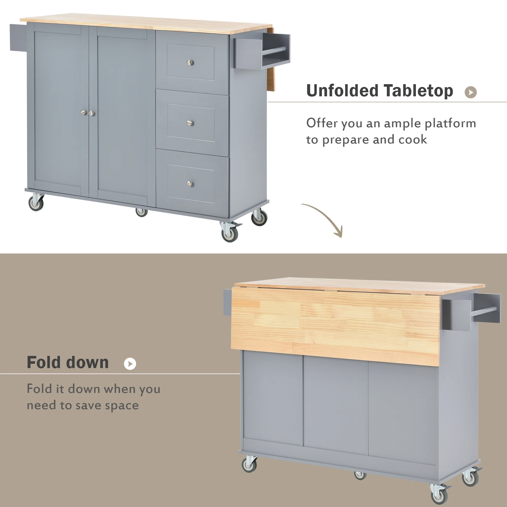 CHURANTY Kitchen Island Cart with Drop Leaf Breakfast Bar Wood Top, Rolling Kitchen Cart with Storage Drawes and Towel Rack Doors,Blue