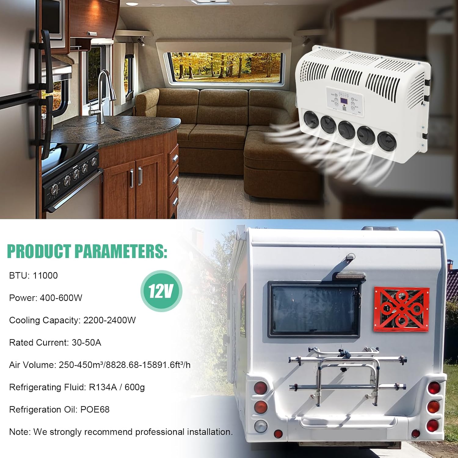 11000BTU Mini Split RV Truck Cab Air Conditioner, 12V Electric Air Conditioners Cooling Rapidly AC Unit Fit Semi Truck Caravan, Rvs, Trucks, Construction Vehicles, Excavators, Harvesters (600, Watts)