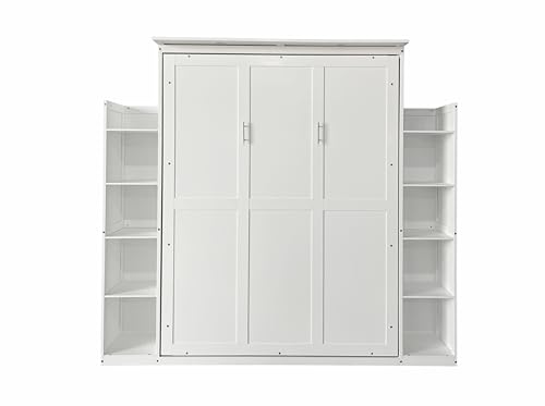 Queen Size Murphy Bed Wall Bed with 2 Side Cabinet Storage Shelf & Desk Combo,68-inch Vertical Wall Bedframe w/Can Be Folded for Bedroom Guest Room Small Space, White