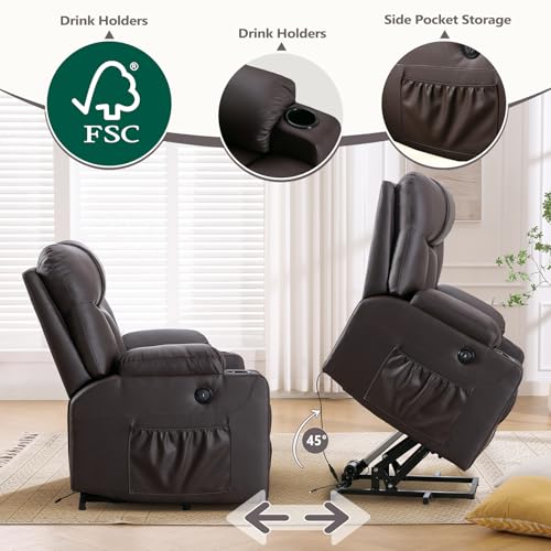 ANJ Large Power Lift Recliner Chair with Massage and Heat for Elderly Big People, Electric Wide Recliners, Heavy Duty and Safety Motion Fabric Reclining Mechanism with USB Ports, Side Pocket, Camel