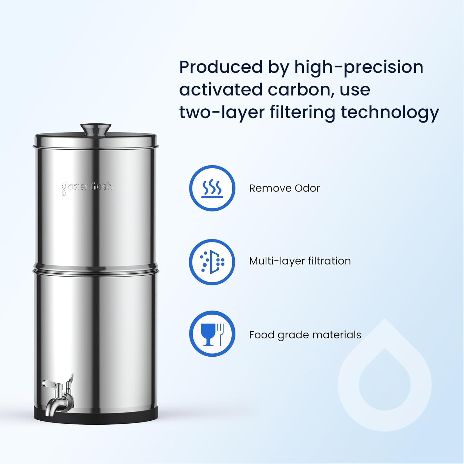 GLACIER FRESH Gravity-fed Water Filter System, 2.25G Stainless-Steel System with 5 Filters