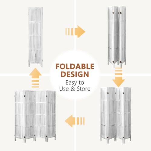 Wood Room Divider 4 Panel, 5.6 FT Tall Room Divider and Folding Privacy Screen, Partition Divider for Room Separation, Wooden Wall Divider Screen for Home Office Bedroom (Retro White)