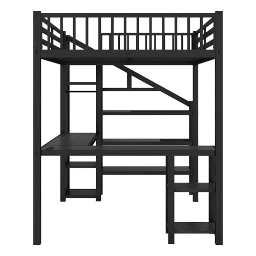 Full Size Loft Bed with Stairs and Storage, Metal Loft Bed Frame with Bedside Shelf and Large Under-Bed Space, Heavy-Duty Bed for Adults Teens and Kids, Black