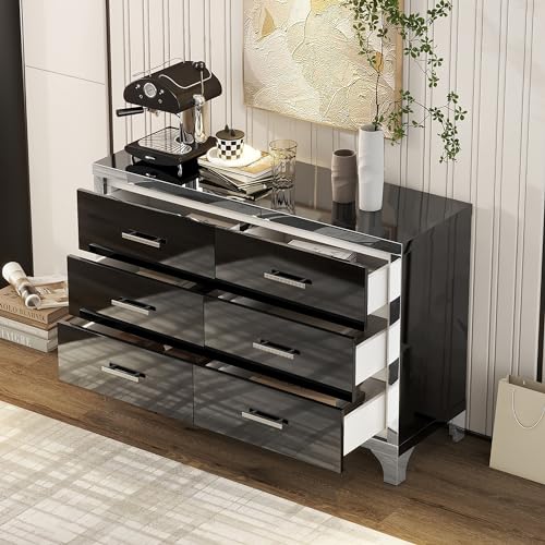 SSLine Modern 6-Drawer Dresser Luxury Elegant Accent Storage Cabinet with 6 Drawers High Gloss 47.2" Wide Chest of Drawer with Mirrored Edge Decor for Bedroom Living Room Nursery(Black)