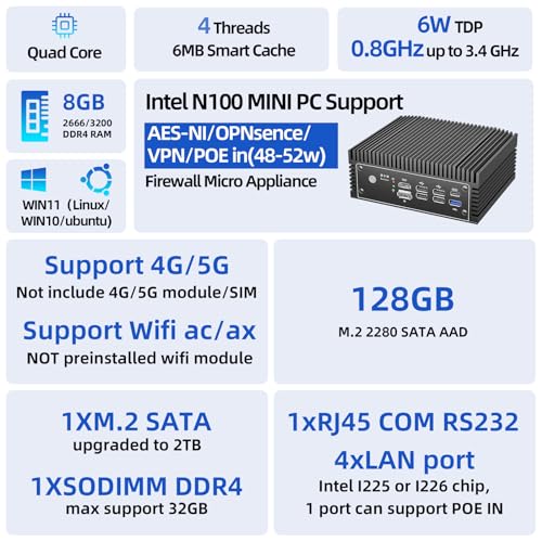 FORTEKCHEKIN N100 Mini PC Home Firewall Appliance, 12th Gen CPU Fanless N100 Mini PC Pfsense Router, 4 LAN Computer POE in, I225 2.5GbE, 1xRJ45 COM, 1xUSB-C, 5 x USB, HD+DP
