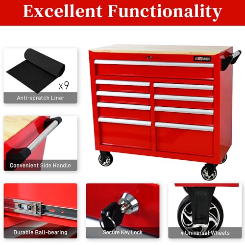 Heavy Duty Rolling Tool Chest with 9-Drawer Wood Top Tool Cart Mechanic Tool Box with Wheels Tool Storage Cabinet Mobile Workbench Tool Bench for Garage, Warehouse, Workshop, Repair Shop (Black)