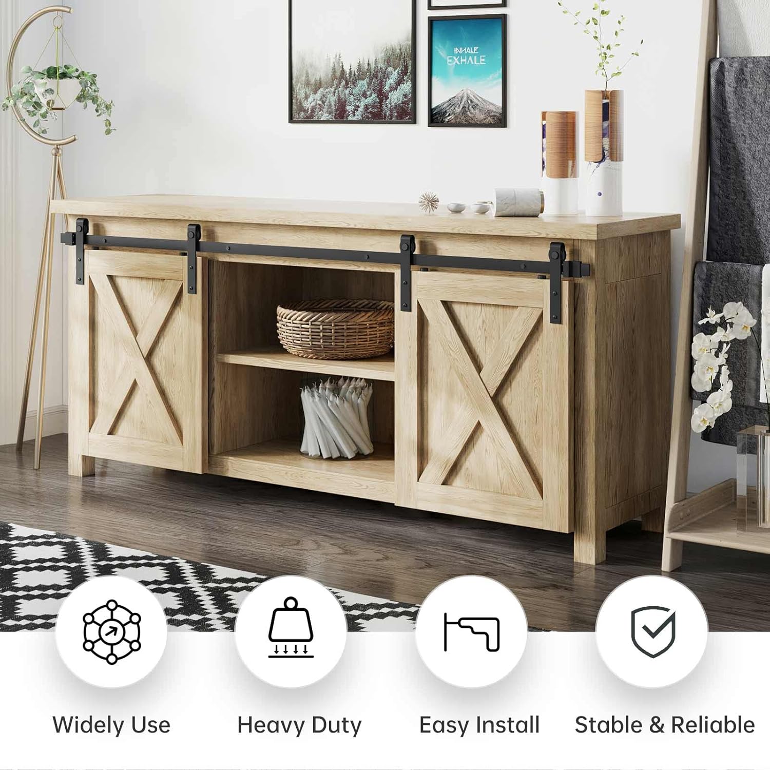 EaseLife 5 FT Cabinet Mini Sliding Double Barn Door Hardware Track Kit,Easy Install,Slide Smoothly Quietly,Apply for Storage Window TV Stand and Other Shielding (No Cabinet)