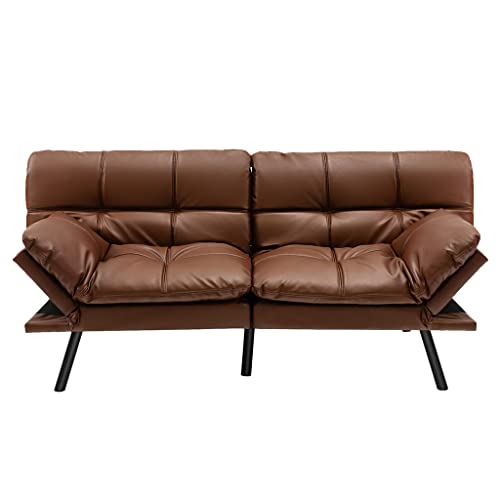 Convertible Futon Sofa Bed Memory Foam Couch Sleeper W/Adjustable Armrest Brown