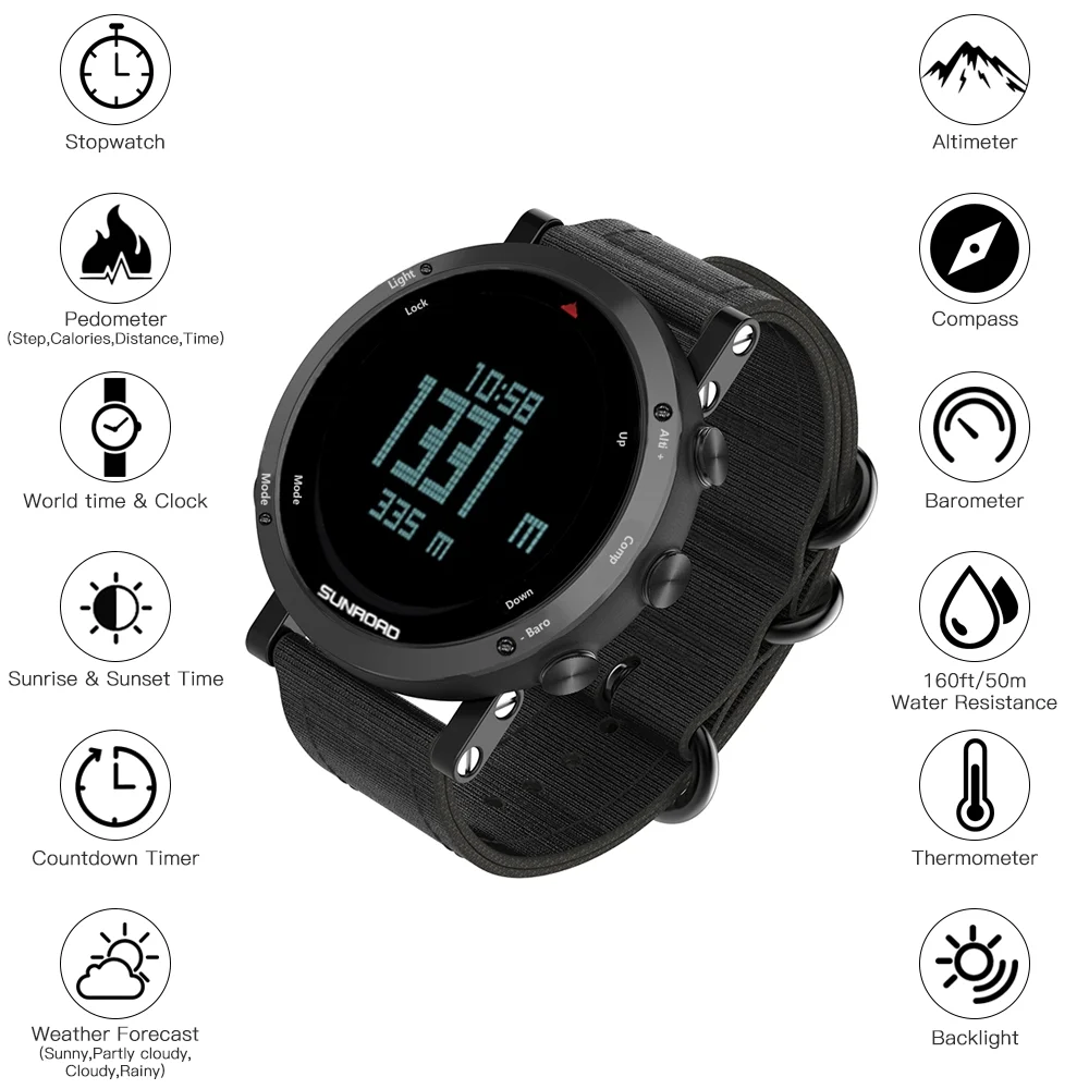 Barometer Altimeter Compass Thermometer Weather Forecast Men Watch 50meters Water-resistant Multifunctional Outdoor Sports Watch for Mountaineering Running Trekking Camping