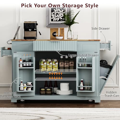 60" Kitchen Island with Drop Leaf and Power Outlet, Rolling Kitchen Cart on Wheels with Trash Can Storage Cabinet, Spice Rack, Towel Rack and Adjustable Shelf for Dining Room