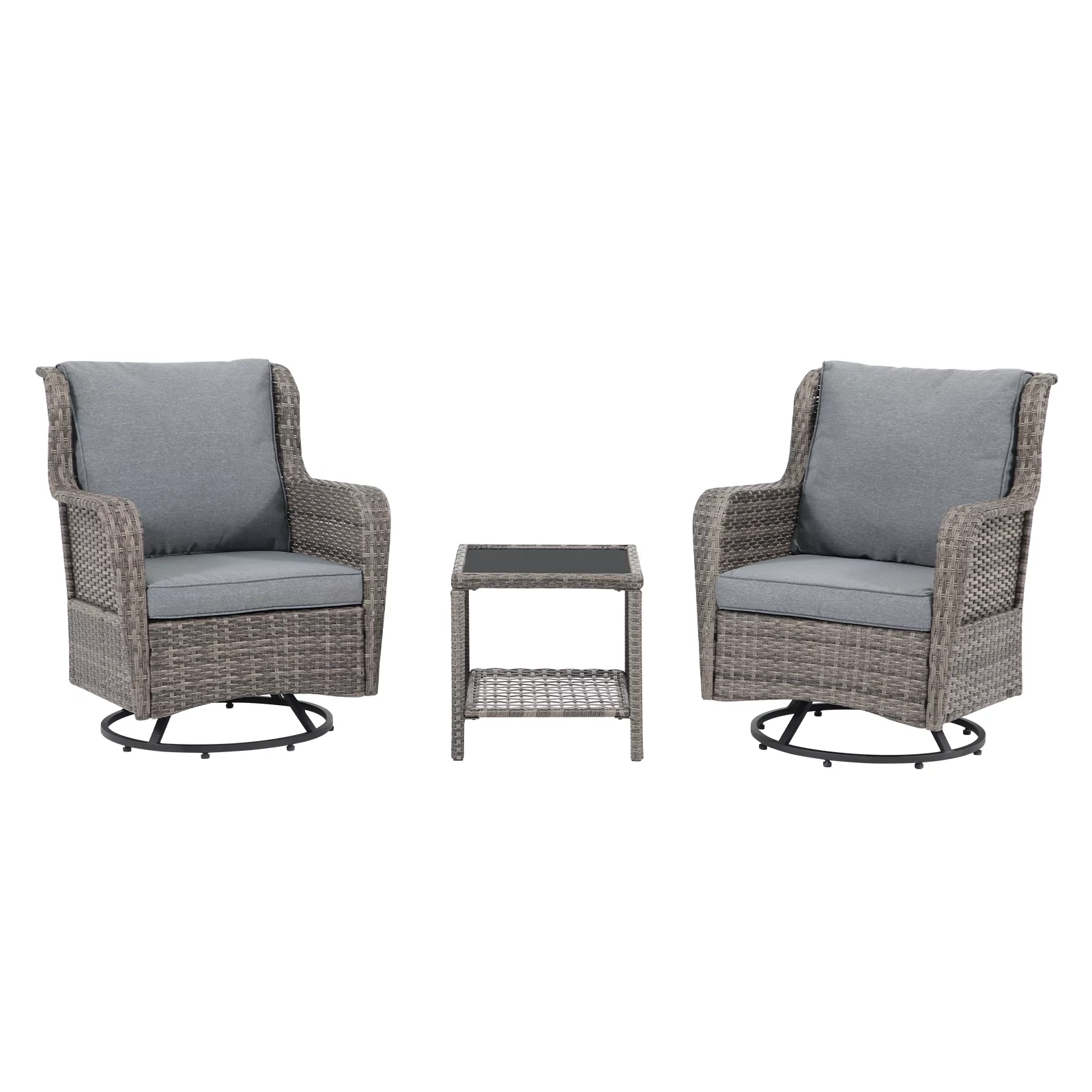 JOIVI Patio Swivel Rocker Set, Outdoor Wicker Swivel Rocking Chairs with Side Table, 3 Pieces All-weather Rattan Furniture Bistro Set with Thick Cushions, Iron Frame, Gray