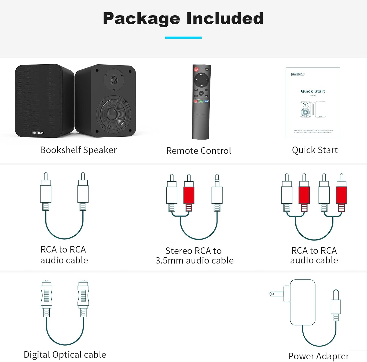 Bluetooth Bookshelf Speakers, Bestisan Bookshelf Active Speakers with Optical/RCA/Coax/USB Input for TV, Turntables, 50W RMS Home 2.0 Neared Field Audio Speakers with Speaker Out, (Pair, Black)
