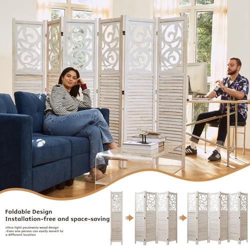 Folding Room Divider, 5.6Ft 6 Panels Wood Carved Privacy Screens, Free Assembled Freestanding Portable Reversible Functional Decorative Partition for Home Office Bedroom (White-Washed)