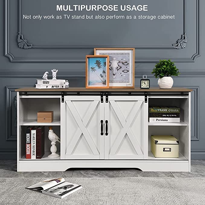 4 EVER WINNER Farmhouse TV Stand with Sliding Barn Doors, Espresso Entertainment Center for 65 Inch TV with Storage Cabinet, Classic Media Console for TV Up to 65 Inch TV Furniture for Living Room