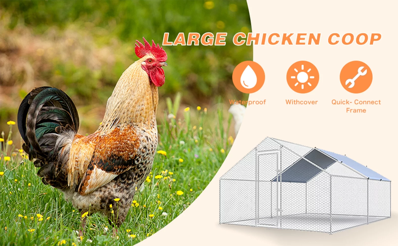 GeeLoon Extra Large Chicken Coop 10 x 13 ft Metal Walk-in Chicken Run Pen Silver