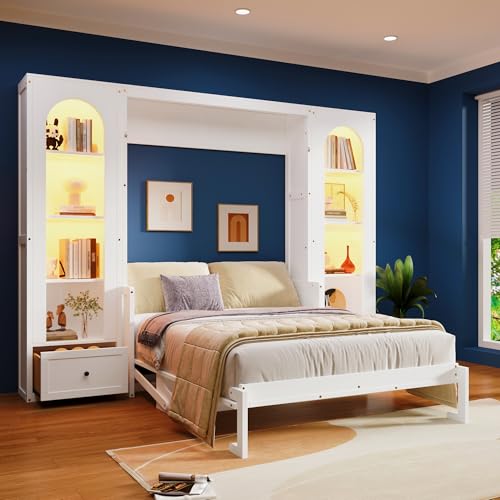 KLMM Wooden Murphy Bed Wall Bed with 2 Wardrobe and Storage Shelf,Foldable Platform Bedframe for Guest-Room Bedroom Study Office Use (White#E, Full)