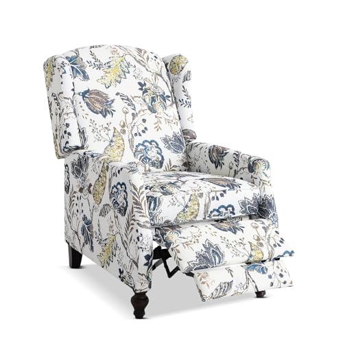 Wingback Recliner Chair with Massage and Heat, Tufted Fabric Pushback Recliner Chair, Wingback Chair with Remote Control, Padded Cushion, Wooden Legs, Small Recliners for Small Spaces