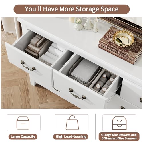 6 Drawer Dresser for Bedroom, Chest of Drawers with Retro Metal Handle, Wood Double Storage Organizer Cabinet for Living Room, Hallway, Antique White