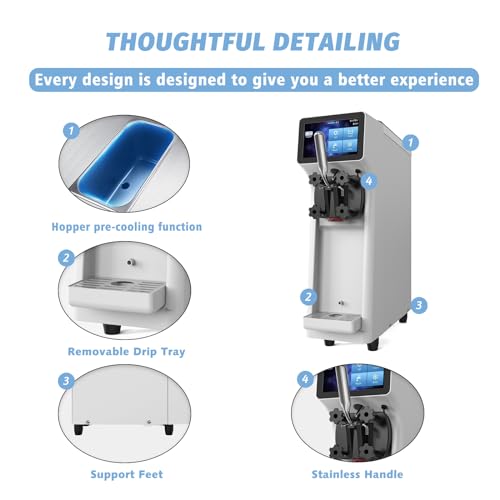 Commercial Ice Cream Maker Machine 1000W Single Flavor Soft Serve Ice Cream Machine 2.7 to 4 Gal/H 110V Ice Cream Machine with Pre-cooling, Auto Clean,LCD Panel for Snack Bar Restaurants