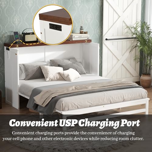 Queen Murphy Bed Cabinet, Murphy Bed Queen with Storage Drawer & Charging Station, USB Port, Solid Pine Wall Beds for Home Office, Studio or Guest Room, White