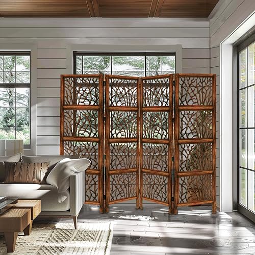 Room Divider Wood Screen - Ghanti Bells Antique Brown - 4 Panel Folding 72 x 80 - Assembled Hand Carved Decorative Functional Versatile Portable Partition Reversible Privacy Boho - COTTON CRAFT