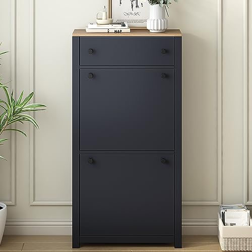 Knocbel Entryway Narrow Shoes Cabinet with 2 Adjustable Shelves and Top Drawer, Entrance Hallway Foyer Freestanding Storage Organizer Unit 12 Pairs Shoe Rack (Black)