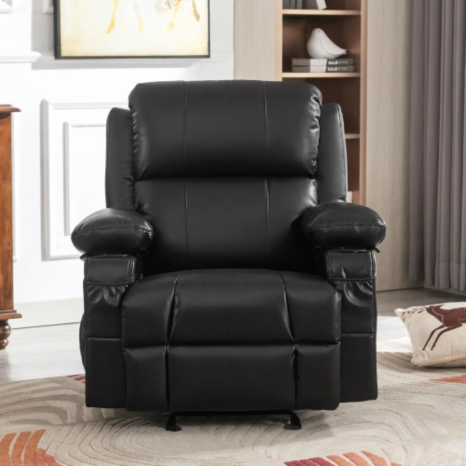 Oversized Power Rocker Recliner with Heat and Massage, Leather Recliner Chairs for Adults, Ergonomic Single Sofa Chair with Cup Holders, Side Pockets and USB, for Living Room/Office (Black)