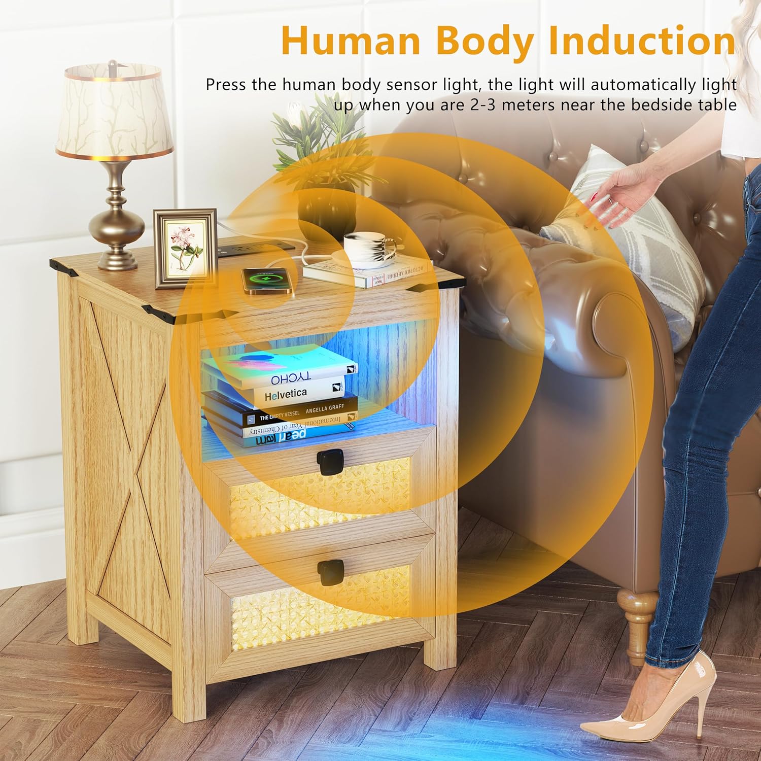 Modern Nightstand Set of 2, Nightstand with Charging Station, LED Night Stand with Rattan Drawers, Side End Table with Human Sensor Light, Bedside Table for Bedroom, Natural Wood (2PCS)